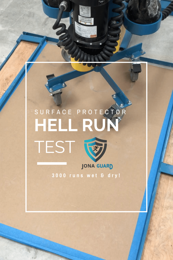 Cardboard based surface protector survives "Hell Run" test with 3000 revolutions of metal castors in both wet and dry applications!<br /> Jona Guard is a cardboard based temporary surface protector to use during renovations and construction projects. The most moisture resistant cardboard based surface protector in the industry today, you can rest assured your flooring or concrete is protected against mud, moisture, spills, boots and tools during a paint or renovation project.