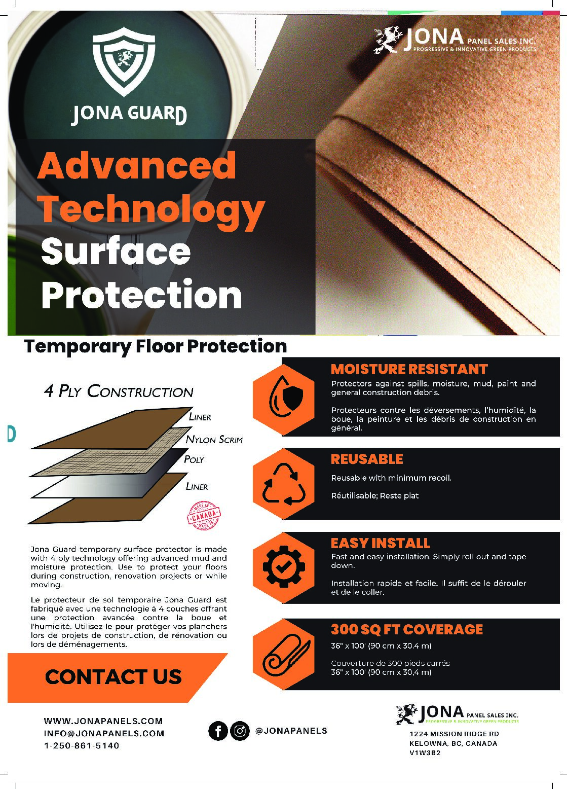 Jona Guard temporary surface protectors Jona Panel Sales Inc. Jona